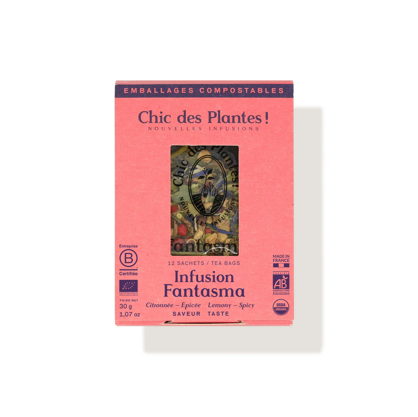 Infusion bio Fantasma épicée gingembre baie rose citron boîte 12 sachets 