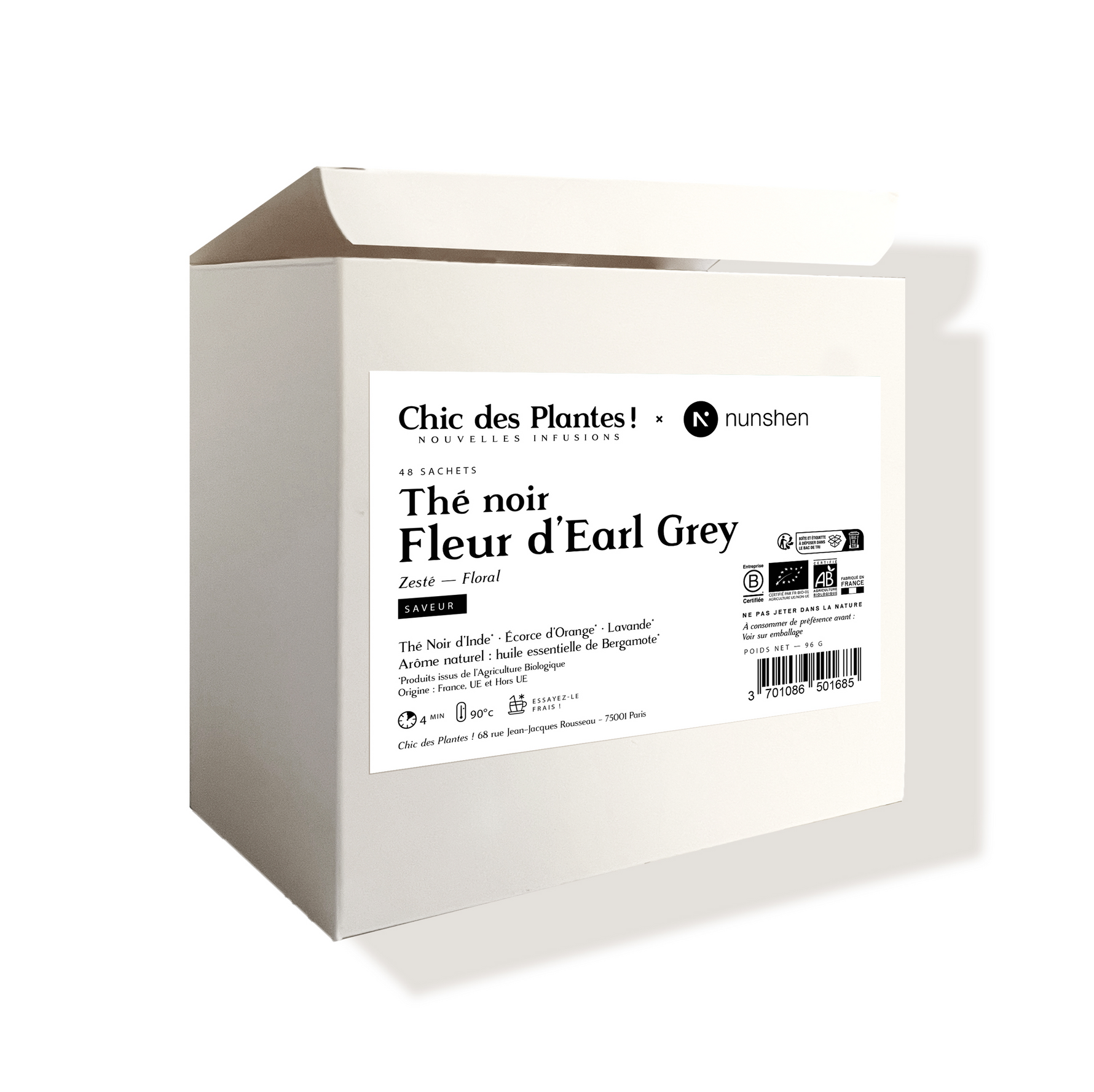 Thé bio Earl Grey bergamote orange lavande boîte 48 sachets 