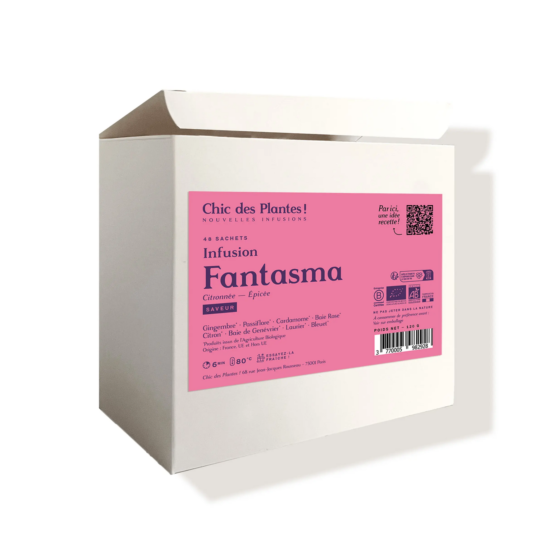 Tisane bio Fantasma épicée gingembre baie rose citron boîte 48 sachets 