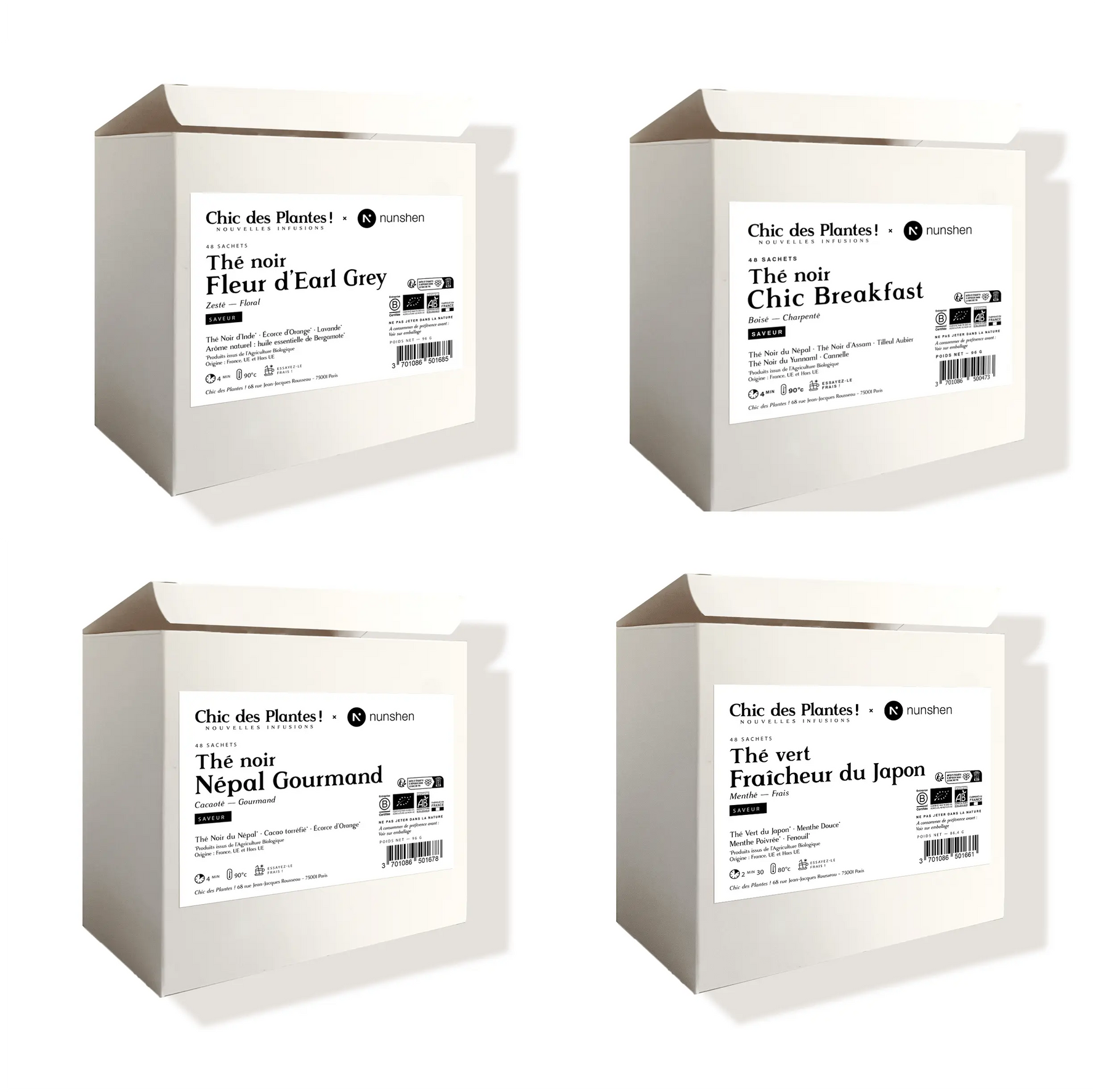 Pack 4 thés thé vert thé noir bio 48 sachets 